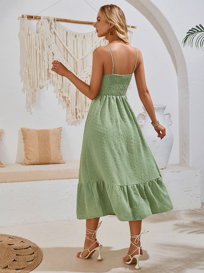 Summer Dress Adjustable Spaghetti Straps Pleated Tiered Casual Midi Dresses