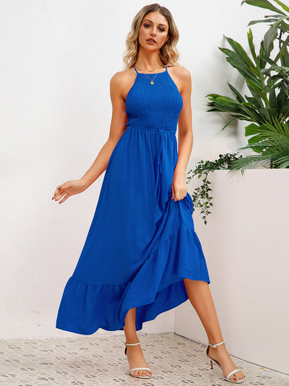 Party Dress Halter Open Back Pleated Front Belted Tiered Midi Dresses
