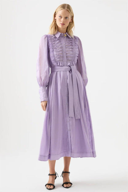 Solid Lantern Sleeve Frill Midi Dress With Belt Purple