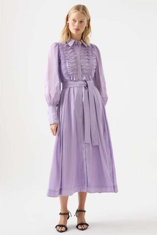 Solid Lantern Sleeve Frill Midi Dress With Belt Purple
