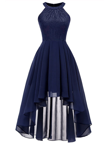 Irregular Dress Chiffon Skirt Lace Bodice High Low Sleeveless Midi Dresses