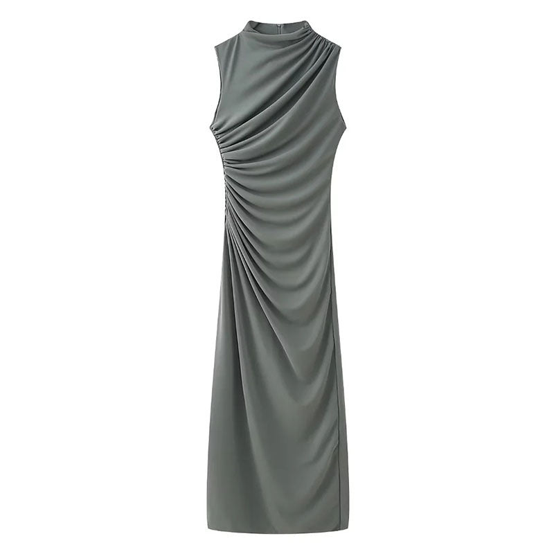 Women Clothing Stand Collar Sleeveless Straight Slim Pleated Decoration Midi Dress