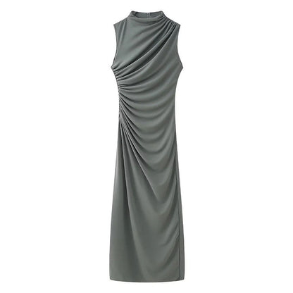 Women Clothing Stand Collar Sleeveless Straight Slim Pleated Decoration Midi Dress
