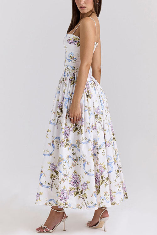 Spaghetti Strap Floral Print Bustier A-line Maxi Dress