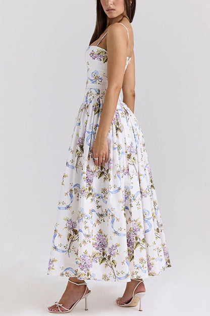 Spaghetti Strap Floral Print Bustier A-line Maxi Dress