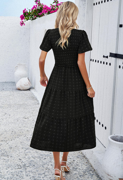 Leonie Spotted Tiered Midi Dress - Black