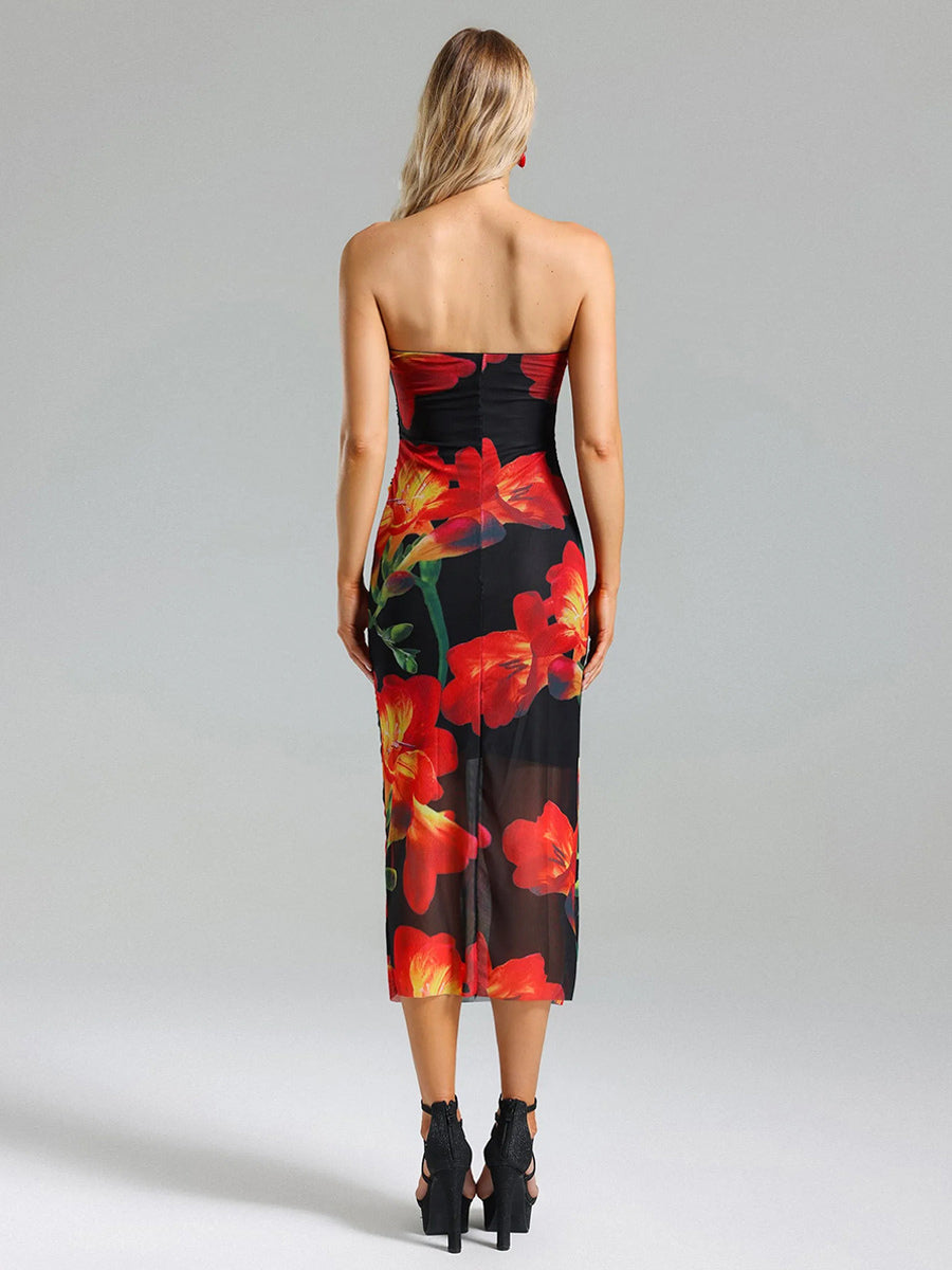 Party Dress Bright Flowers Off The Shoulder Backless Sexy Midi Dress