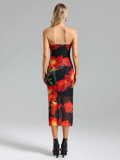 Party Dress Bright Flowers Off The Shoulder Backless Sexy Midi Dress