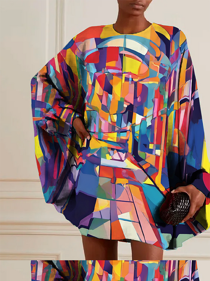 Batwing Sleeves Long Sleeves Buttoned Hollow Printed Round-Neck Mini Dresses
