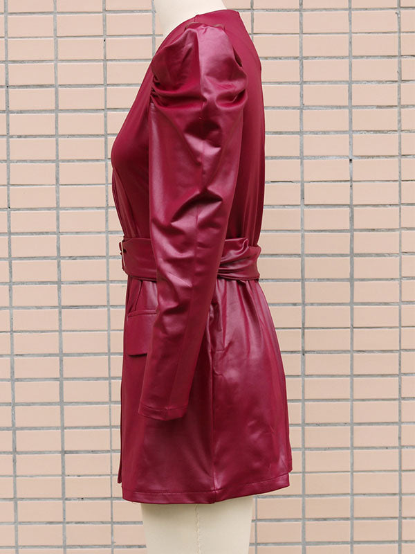 Mini Dresses Burgundy Long Sleeves Sash PU Leather Short Dress