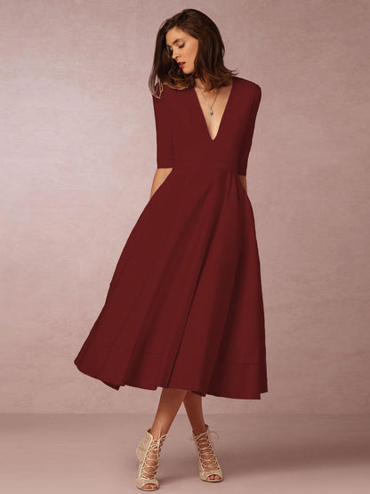 Plunge Midi Dress Half Sleeves Pockets A-Line Prom Dresses