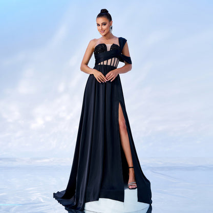 One-Shoulder Sequin Slit Maxi Dress – Elegant Party Dress
