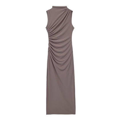 Women Clothing Stand Collar Sleeveless Straight Slim Pleated Decoration Midi Dress