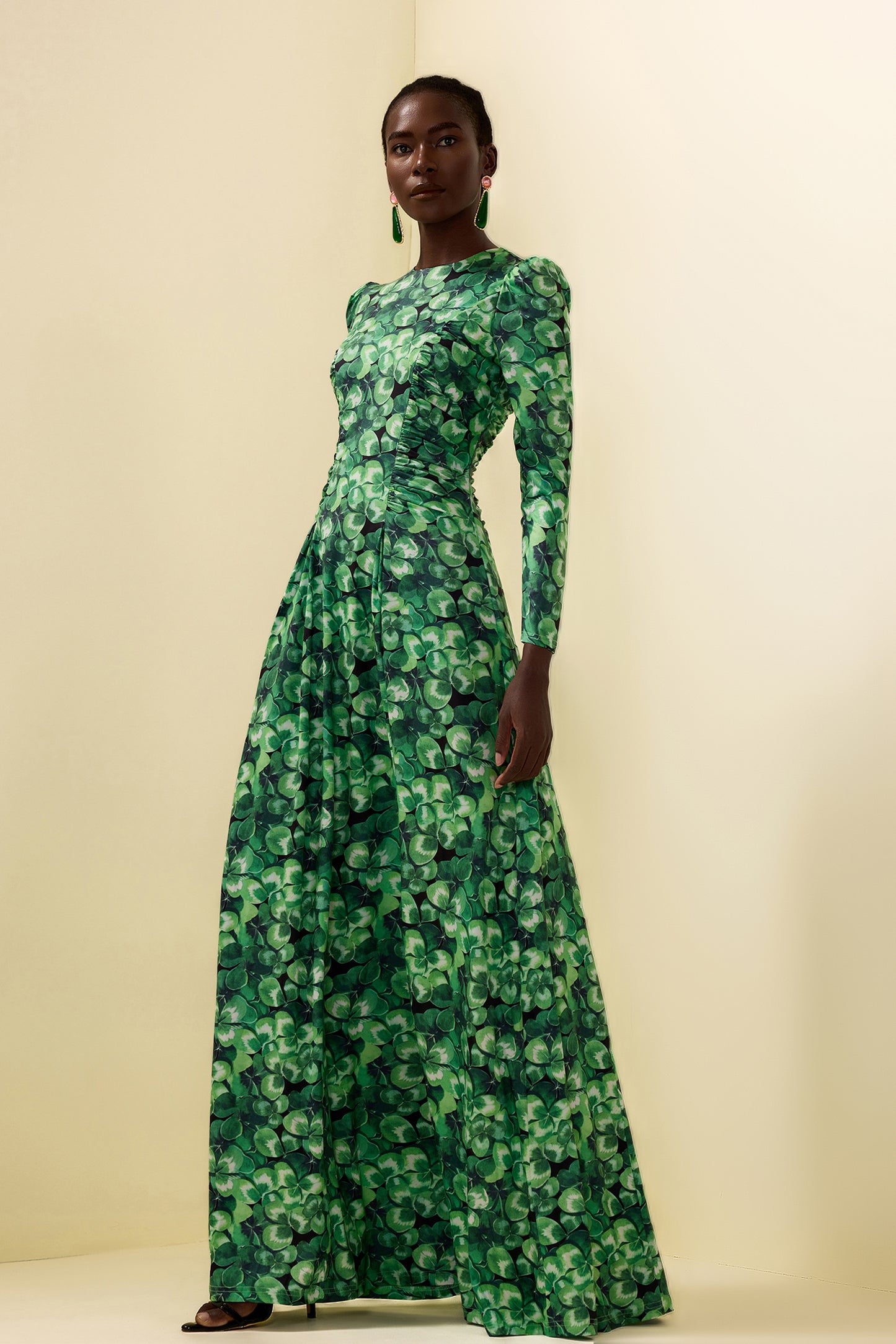 Botanical Print Long Sleeve Round Neck Maxi Dress