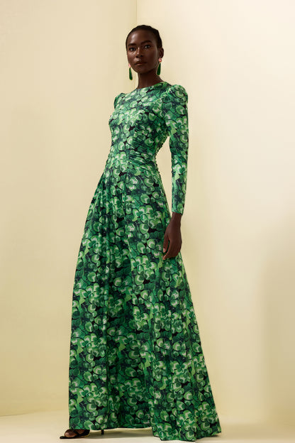 Botanical Print Long Sleeve Round Neck Maxi Dress