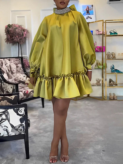 A-Line Long Sleeves Bowknot Pleated Rhine Stones Ruffled Solid Color Mock Neck Mini Dresses