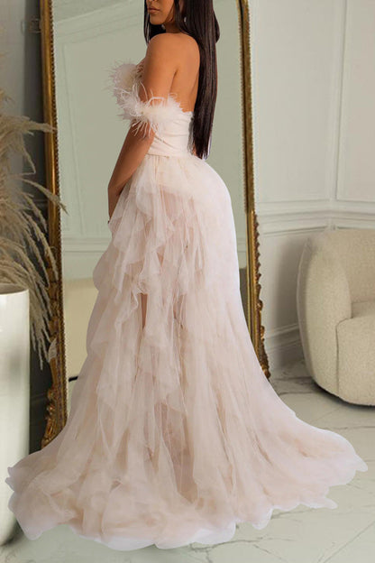 Elegant Solid Color Sleeveless Wrap Mesh Maxi Dress