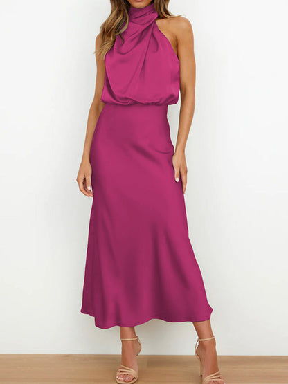 Sleeveless Solid Color Halter-Neck Midi Dresses