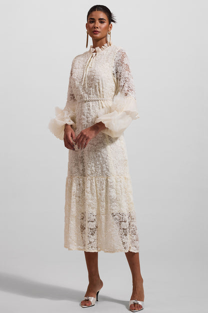 Solid Lace 3D Floral Midi Dress With Faux Pearl Belt