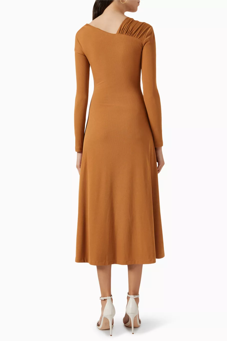 Jersey Solid Ruched Long Sleeve Midi Dress Khaki
