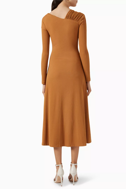 Jersey Solid Ruched Long Sleeve Midi Dress Khaki