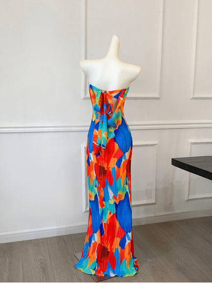 Colorful Floral Strapless Ruched Maxi Dress – Summer Statement Piece