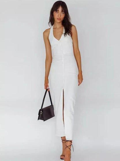 Plain Halter Dress Buttons V-Neck Backless Slit Convertible Party Midi Dresses