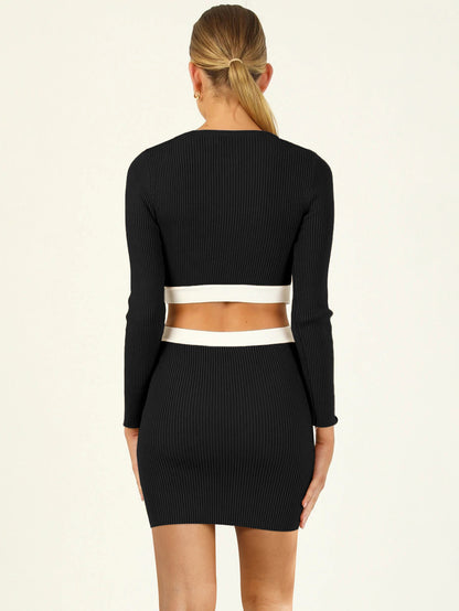 Two-Tone Knitted Dress Cutout Round Neck Long Sleeves Casual Mini Dresses