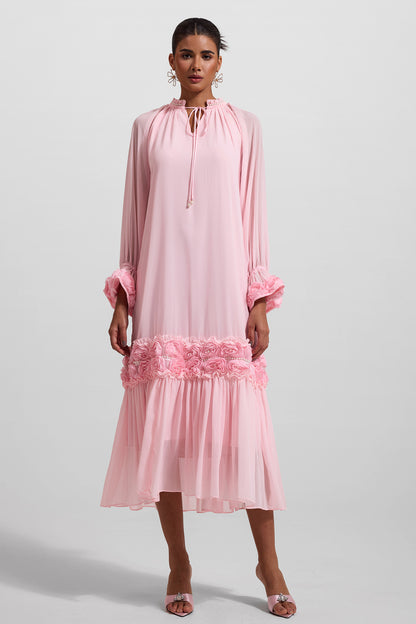 3D Floral Frill Long Sleeve Midi Dress