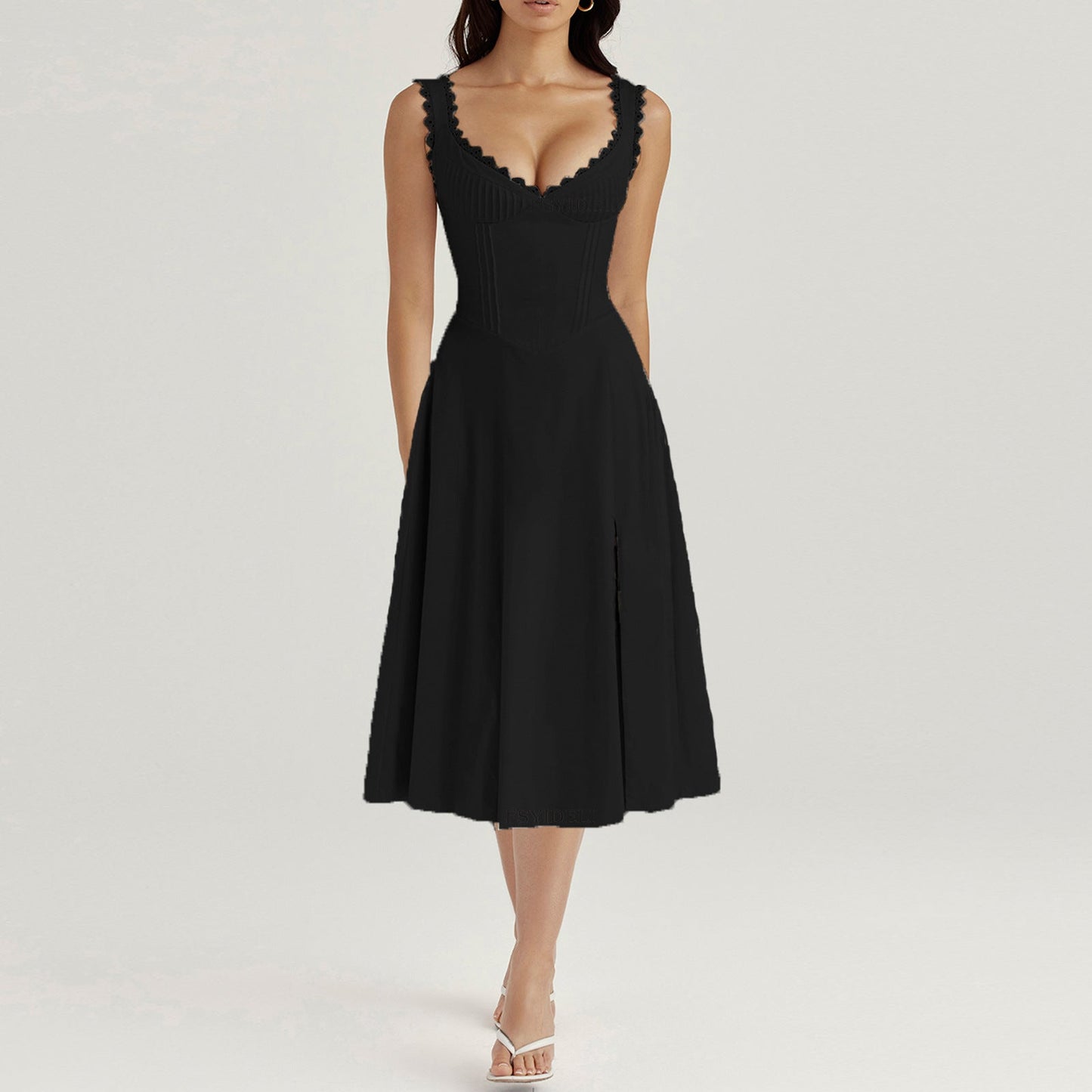 Strap Dress Women Summer Elegant Lace V Neck Fitted Waist Backless Lace Up Midi Dress – Best Summer Dress for Women