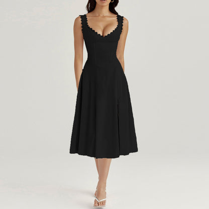 Strap Dress Women Summer Elegant Lace V Neck Fitted Waist Backless Lace Up Midi Dress – Best Summer Dress for Women