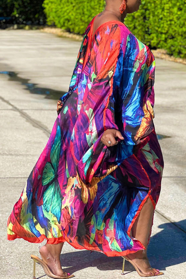 Sexy Plus Size Satin Print V-neck Batwing Sleeve Slit Loose Maxi Dress