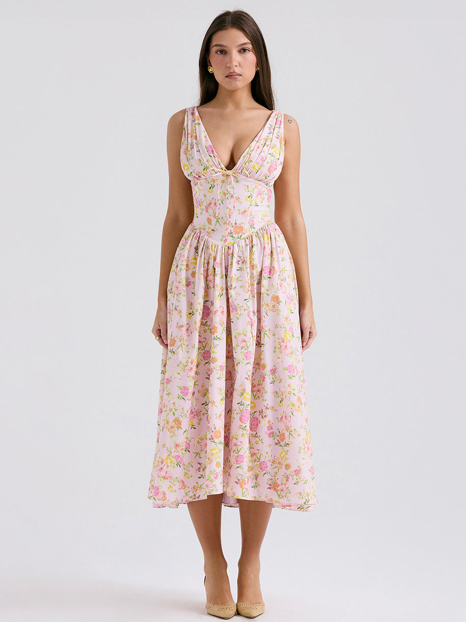 Sleeveless Dress Floral Pleated Knot Details Party Midi Dresses