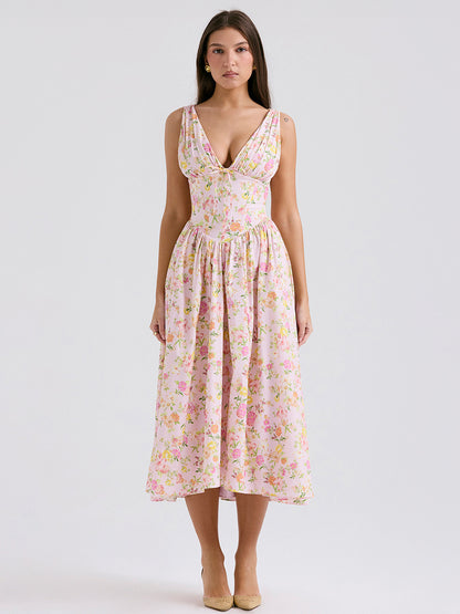 Sleeveless Dress Floral Pleated Knot Details Party Midi Dresses