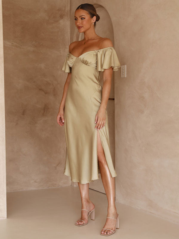 Summer Midi Dress Light Green Bateau Neck Satin Fabric Beach Dress