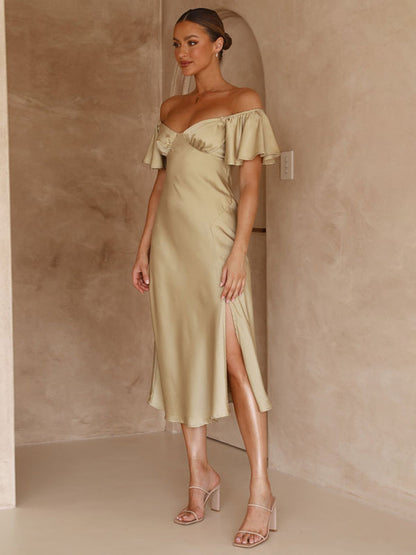 Summer Midi Dress Light Green Bateau Neck Satin Fabric Beach Dress