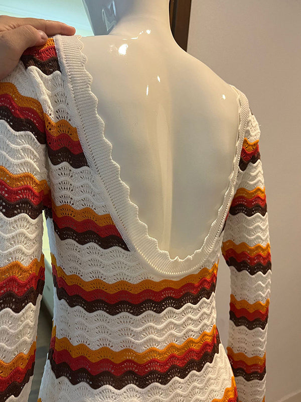 Long Sleeves Loose Backless Split-Joint Striped Round-Neck Maxi Dresses Sweater Dresses