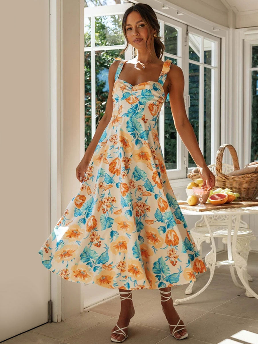 Floral Midi Dress Sweetheart Neck Sleeveless Zipper Chic Summer Dresses