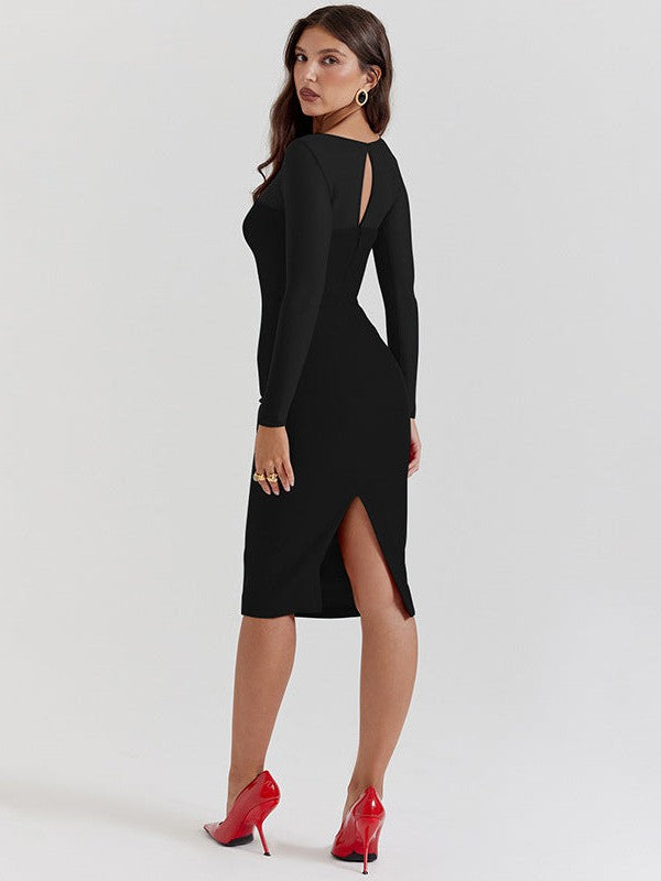 See through Round Neck High Waist Midi Dress