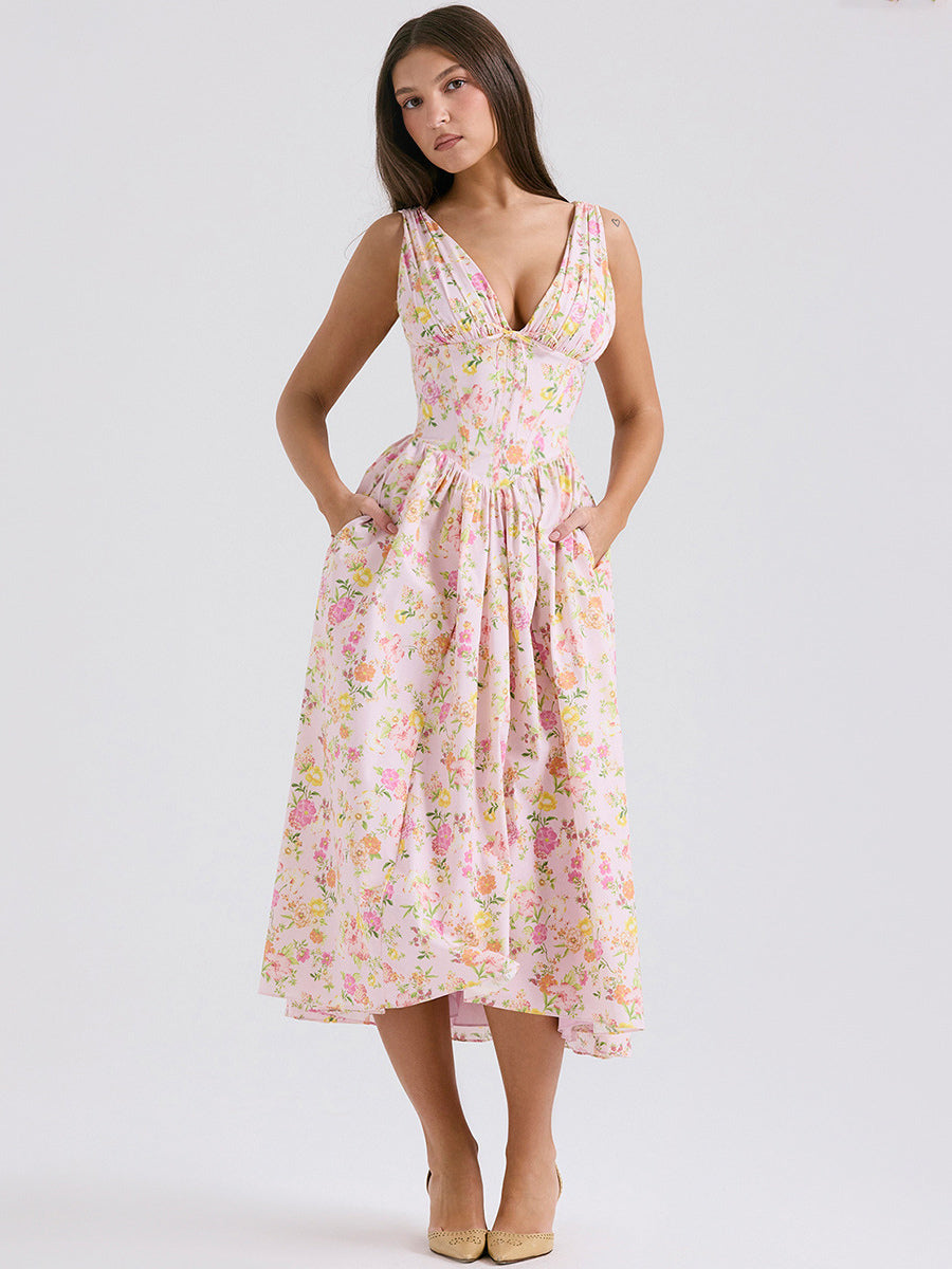 Sleeveless Dress Floral Pleated Knot Details Party Midi Dresses