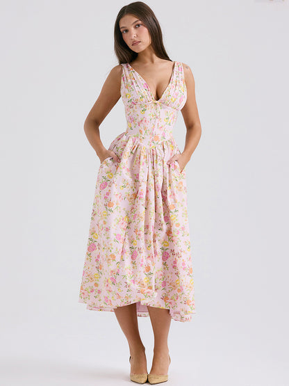 Sleeveless Dress Floral Pleated Knot Details Party Midi Dresses