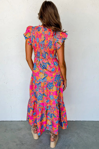 boho floral ruffle maxi dress rose red