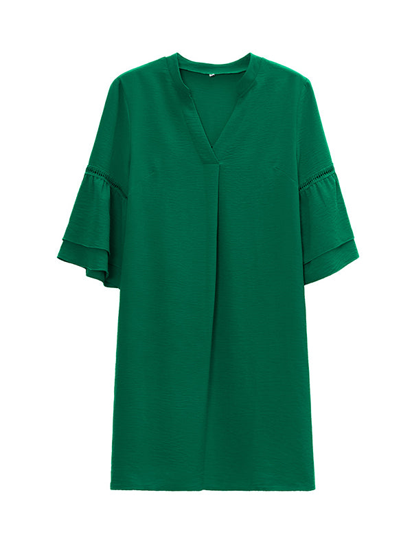 Loose Short Sleeves Falbala Solid Color V-Neck Mini Dresses