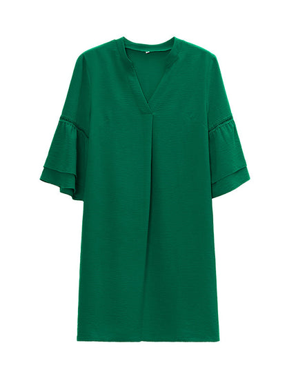 Loose Short Sleeves Falbala Solid Color V-Neck Mini Dresses