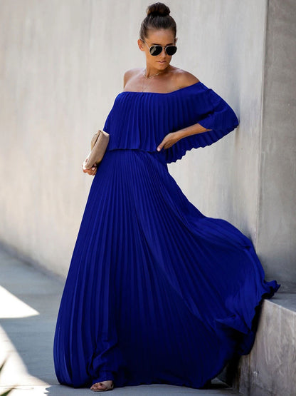 Maxi Dresses Half Sleeves Yellow Bateau Neck Pleated Asymmetrical   Floor Length Dress