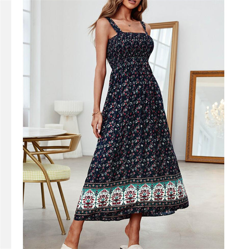 Beach Flower Print Maxi Dress in Apricot Green Navy