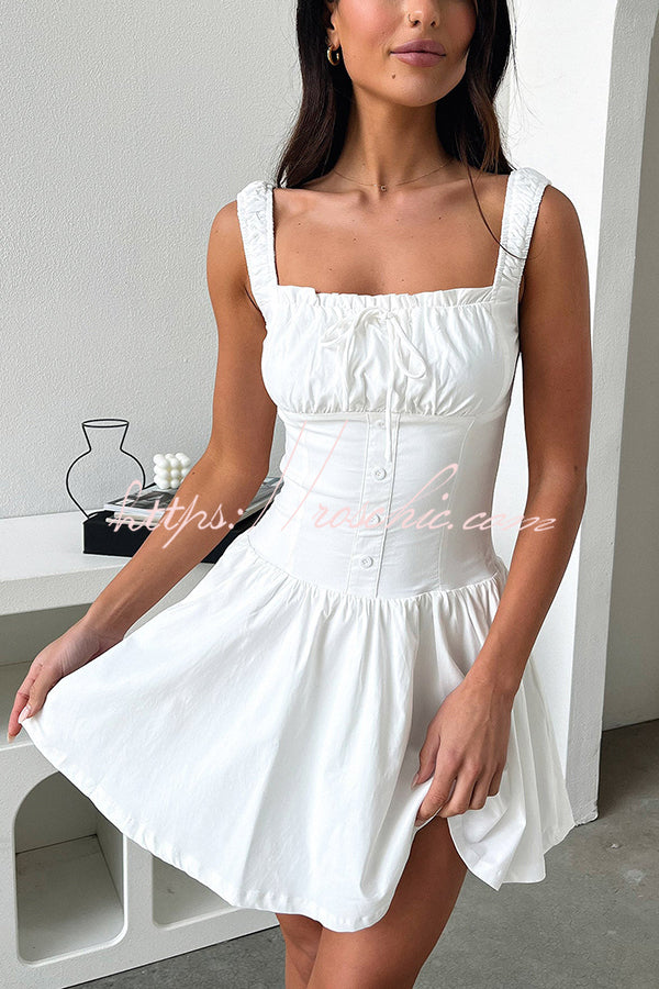 Summer Solid Color Elastic Shoulder Straps and Front Tie Mini Dress