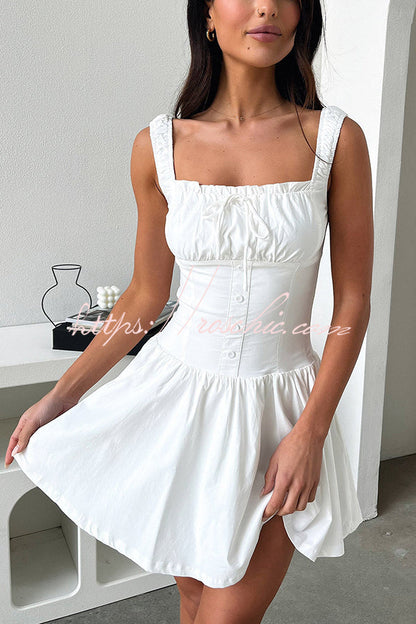 Summer Solid Color Elastic Shoulder Straps and Front Tie Mini Dress