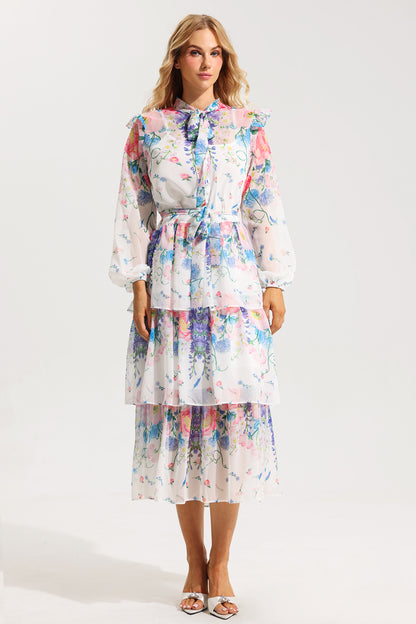 Floral Ruffle Long Sleeve Midi Dress With Belt
