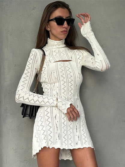 Knitted Dress High Collar Cut Out Long Sleeves Hollow Mini Dresses